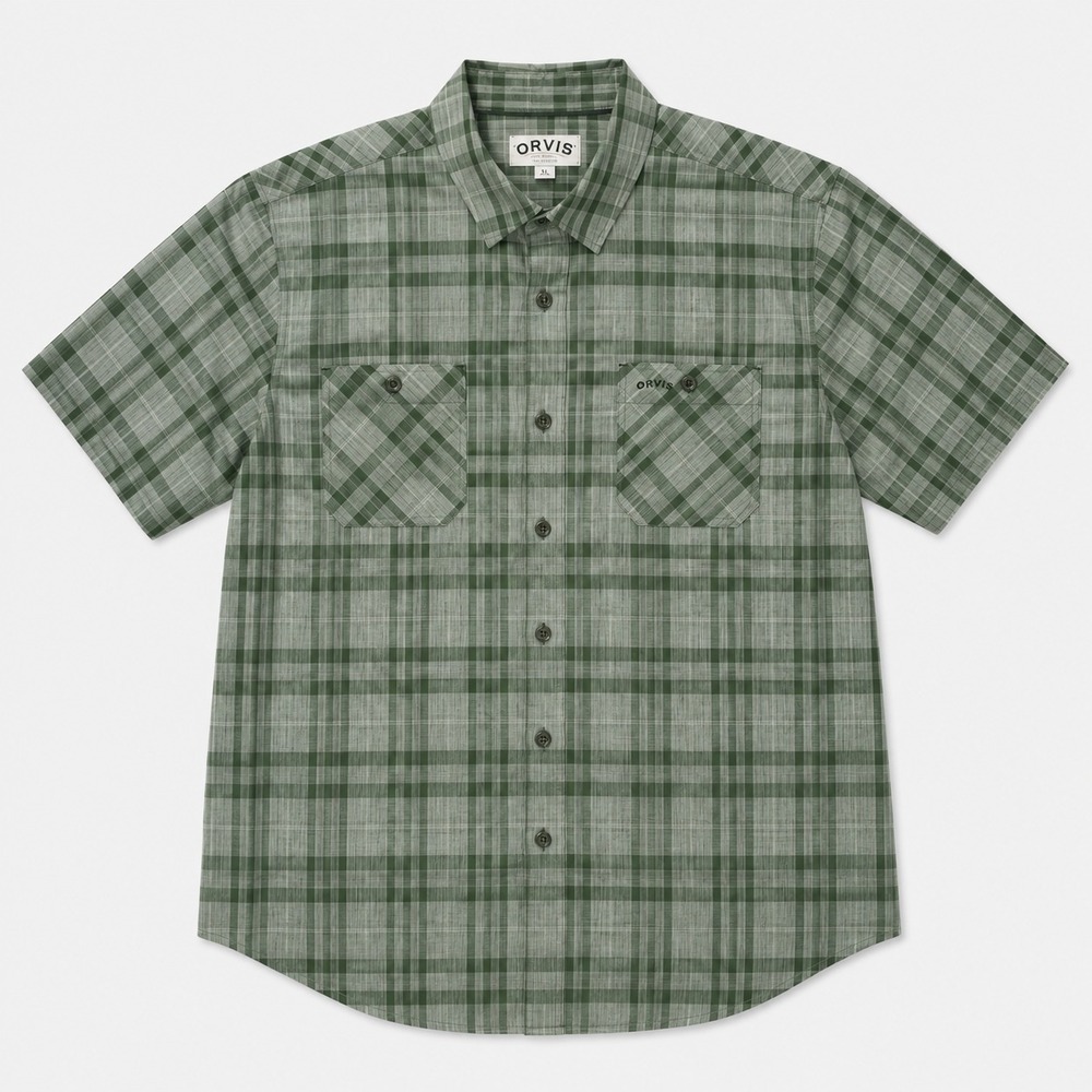 Orvis Mens XL Short Sleeve Button Up Shirt Green Gray Plaid Fishing Outdoor